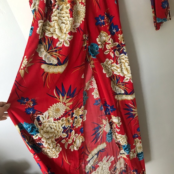 Red Floral Long Sleeve Wrap Dress - Picture 4 of 6